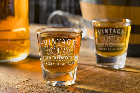 2pk Vintage 1972 Etched 2oz Shot Glasses - 50th Birthday Aged to Perfection - 50 years old gifts