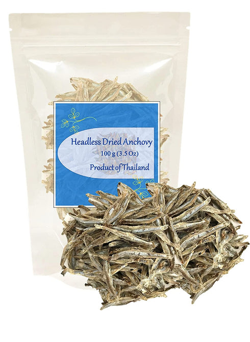 Dried Anchovy Headless Deep-frying as Snack or add flavor to soups, side dish Product of Thailand 3.5 Oz.(100)