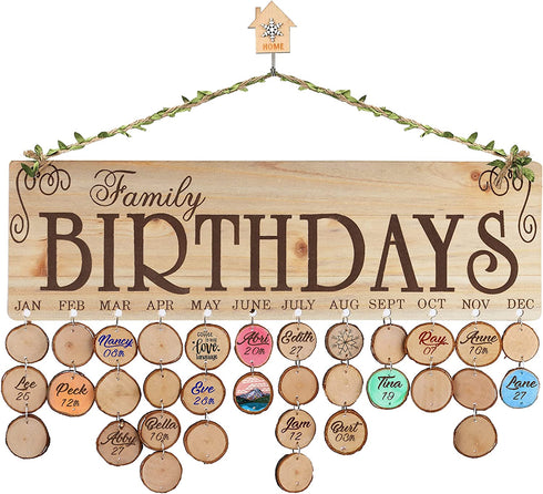 Birthday Wooden Calendar with 80pcs Round Discs for Family Wall Hanging, Anniversary Wood Reminder Board for Home Décor, DIY Gift for Grandma, Mom and Friends (Birthday)
