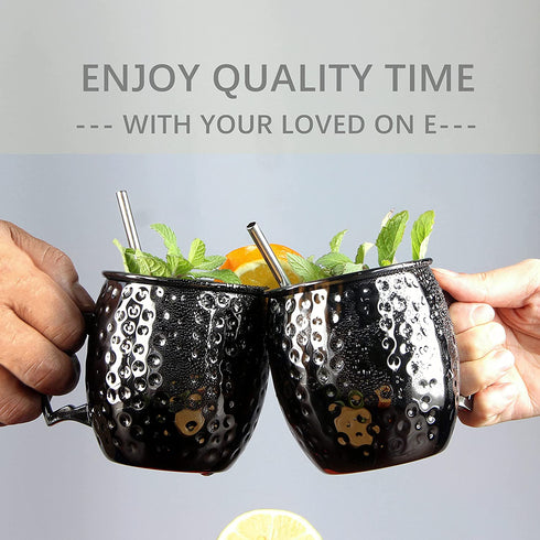 Moscow Mule Mugs Set of 2 - Black Plated Hammered Mugs 18 oz/ 550ml With Brass Handle and Stainless, Unlined Cups For Moscow Mule Cocktails and other Chilled Drinks (Black) SC020