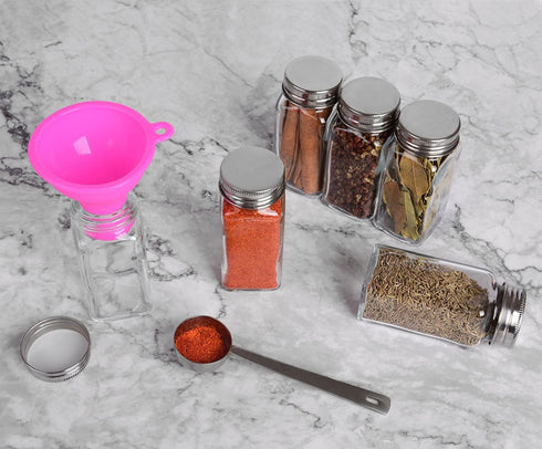 Spice Jars - Spice Containers - Spice Jar - 14 Square Glass Spice Bottles (4 oz) with 60 Chalkboard Labels, Chalk Marker, Stainless Steel Lid, Shaker Insert Tops, Funnel - Complete Organizer Set
