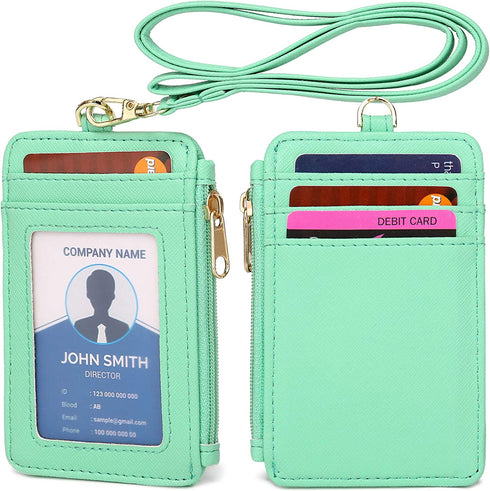 Leamekor ID Badge Holder with Neck Lanyard PU Leather ID Badge Wallet Case with 1 ID Window, 4 Card Slots, 1 Side Zipper Pocket