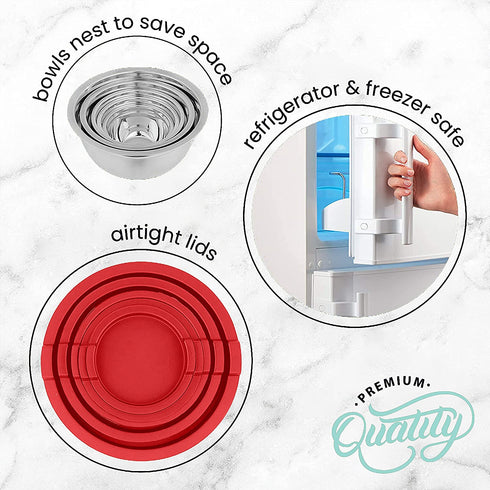 Meal Prep Stainless Steel Mixing Bowls Set, Home, Refrigerator, and Kitchen Food Storage Organizers | Ecofriendly, Reusable, Heavy Duty By WHYSKO (With Red Lids)