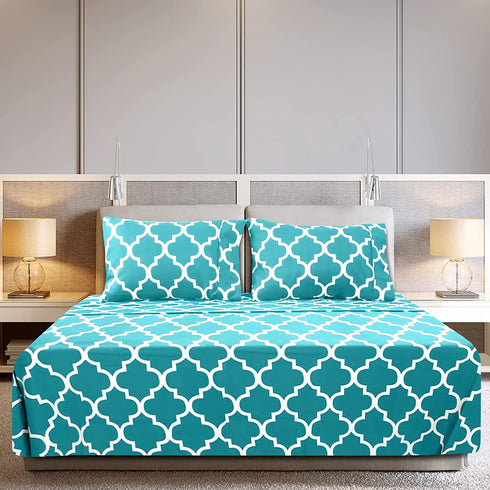 Utopia Bedding Printed Queen Sheet Set - 1 Fitted Sheet, 1 Flat Sheet and 2 Pillowcases - Soft Brushed Microfiber Fabric - Shrinkage and Fade Resistant (Queen, Aqua Quatrefoil with White Pattern)