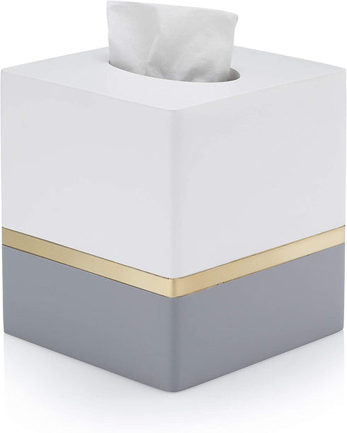 Essentra Home Day and Night Collection Square Tissue Box, White and Grey with Gold Stripe