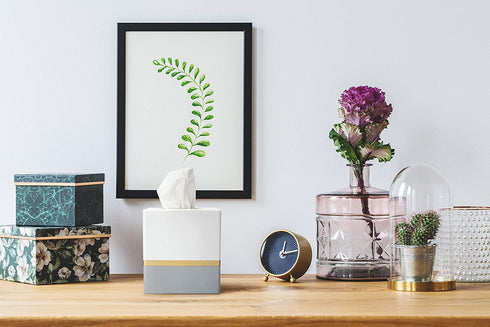 Essentra Home Day and Night Collection Square Tissue Box, White and Grey with Gold Stripe