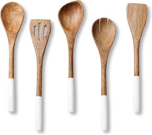 Folkulture Wooden Spoons for Cooking Set for Kitchen, Non Stick Cookware Tools or Utensils Includes Wooden Spoon, Spatula, Fork, Slotted Turner, Corner Spoon, Set of 5, 12 Inch, Acacia Wood, White