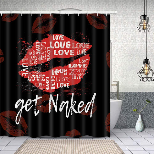Basmaor Funny Get Naked Shower Curtain Red Lips Shower Curtain with 12 Hooks, Funny Bathroom Shower Curtain, Red and Black Bath Shower Curtain for Bathroom, 69" x 70" inches