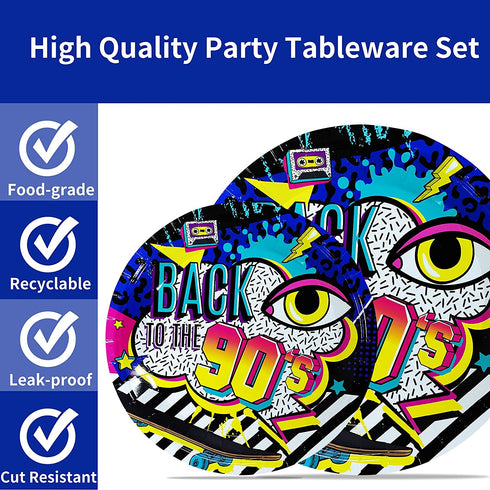 80 Pieces 90s Party Tableware Set 1990s Birthday Hip Hop Party Table Decorations Supplies Back to the 90s Paper Plates Napkins Forks for 20 Guests