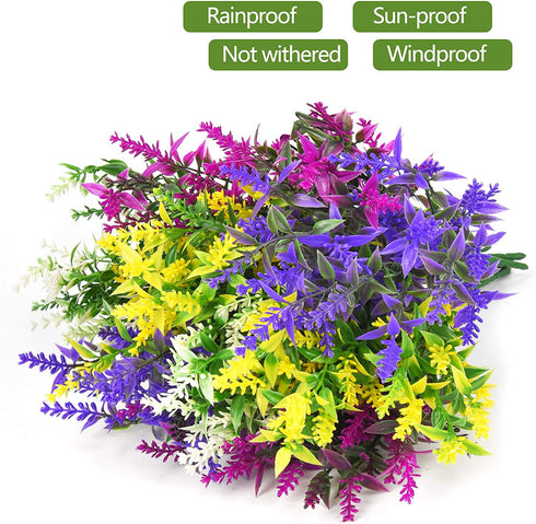 Shiny Flower Artificial Lavender Flowers Bouquet, 8 Bundles Outdoor Fake Shrubs UV Resistant Lifelike Greenery Bushes for Home Kitchen Garden Wedding Outdoor Indoor Porch Box Decorations (Mix)