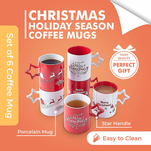Coffee Mug Set Set of 6 Large-sized 14 Ounce Christmas Theme Ceramic Coffee Mugs Restaurant Coffee Mugs, Star Handle