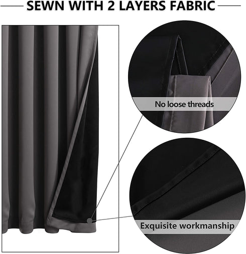 WONTEX 100% Grey Blackout Curtains for Bedroom 52 x 63 inch Length - Thermal Insulated, Noise Reducing, Sun Blocking Lined Rod Pocket Window Curtain Panels for Living Room, Set of 2 Winter Curtains