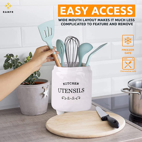 Ceramic Utensil Holder for Countertop , Utensil Holder Farmhouse Utensil Crock for Kitchen & Dining Table, White Cooking Utensil Holder, Spatula Holder with Relief Design