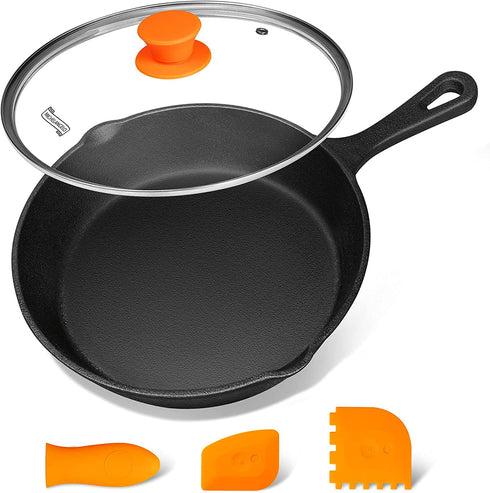 MICHELANGELO Cast Iron Skillet, 8 Inch Cast Iron Skillet With Lid, Preseasoned Small Skillet Oven Safe, Iron Skillets for Cooking with Silicone Handle & Scrapers - 8 Inch