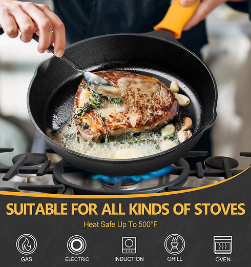 MICHELANGELO Cast Iron Skillet, 8 Inch Cast Iron Skillet With Lid, Preseasoned Small Skillet Oven Safe, Iron Skillets for Cooking with Silicone Handle & Scrapers - 8 Inch