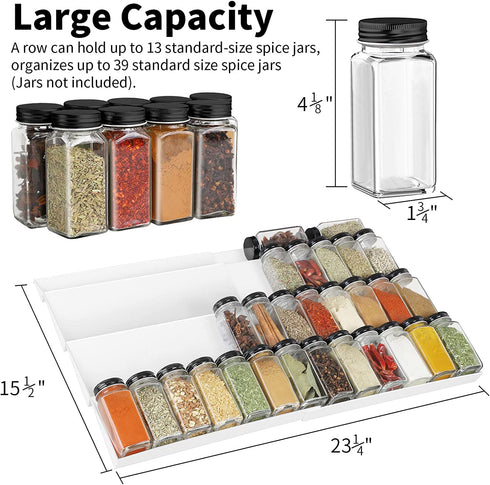 Adjustable Spice Rack, Expandable Plastic Tray Drawer Organizer 12" to 23" Stackable Tray, 4 Slanted Tier Spice Storage Organizer Insert, for Spice Jars, Vitamins, Seasonings Kitchen Drawer Cabinet