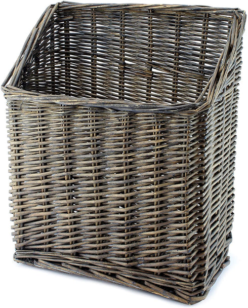 AuldHome Gray Washed Magazine / File Basket, Farmhouse Rustic Woven Willow Storage Basket