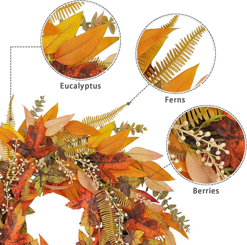 Fall Wreaths for Front Door - 24 inch Farmhouse Wreath Eucalyptus Autumn Berry Magnolia Outside Indoor Decor Large Harvest Crafts Wreaths Rustic Thanksgiving Halloween