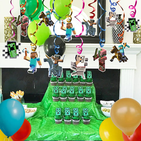 Pixel Style Theme Game Party Supplies Miner Birthday Decorations,12*Hanging Whirlpools Cards For Kids Boys And Girls Themes€¦ (12Set)