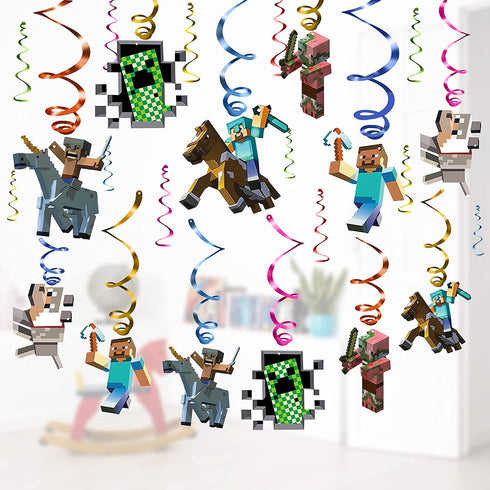 Pixel Style Theme Game Party Supplies Miner Birthday Decorations,12*Hanging Whirlpools Cards For Kids Boys And Girls Themes€¦ (12Set)