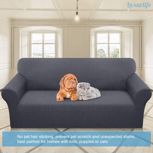 Luxurlife Super Stretch Sofa Covers Stylish Couch Covers for 3 Cushion Couch Upgraded Modern Sofa Slipcover for Dogs Pets Non Slip Furniture Protector with Elastic Bottom (Large, Gray)