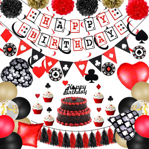 45 Piece Casino Party Decoration Supplies Set, Poker Birthday Banner Triangle Banner Tassel Garland Cake Topper Latex Balloon Hanging Swirl Paper Pom Poms for Halloween Decoracion De Casino