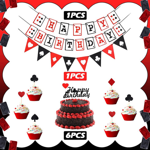 45 Piece Casino Party Decoration Supplies Set, Poker Birthday Banner Triangle Banner Tassel Garland Cake Topper Latex Balloon Hanging Swirl Paper Pom Poms for Halloween Decoracion De Casino