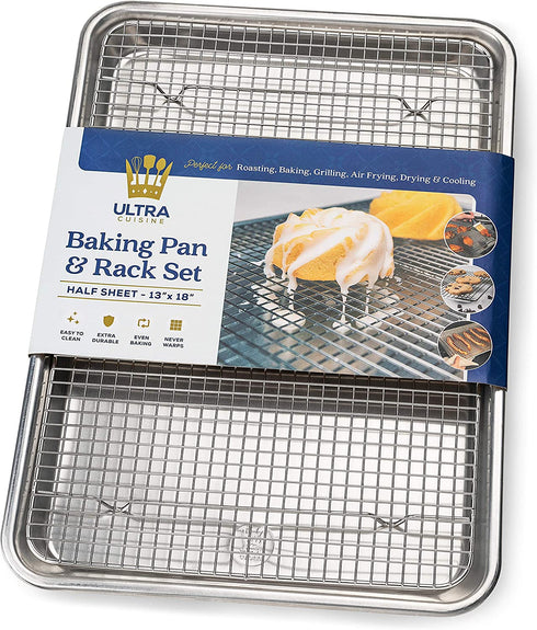 Baking Pan with Cooling Rack Set - Half Sheet Pan Size - Includes a Professional Aluminum Baking Sheet and a Stainless Steel Baking Rack for Oven - Durable, Easy to Clean, Commercial Quality