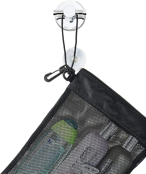 Shower Bag Tote, Mesh Caddy Toiletry Organizer 12?L x 9?W, Compact and Lightweight With Suction Cup, Cord for Hanging, Zipper and Drawstring Pouch 14?L x 10?W, Black