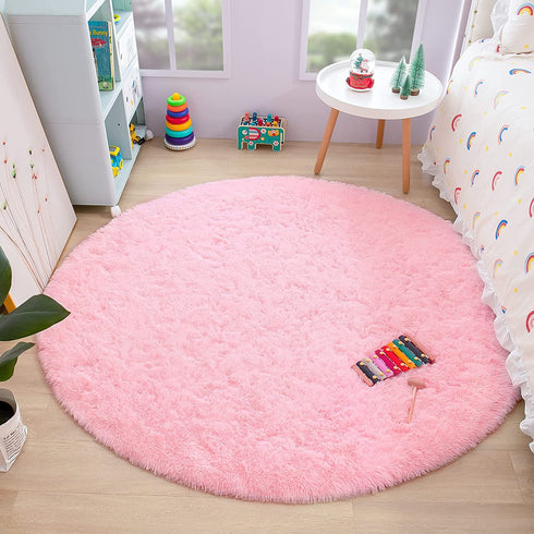 ISEAU Fluffy Round Rug Carpets, Modern Shaggy Circle Rug for Kids Bedroom Extra Comfy Cute Nursery Rug Small Circular Carpet for Boys Girls Room Home Decor Area Rug, 4ft Rugs, Pink