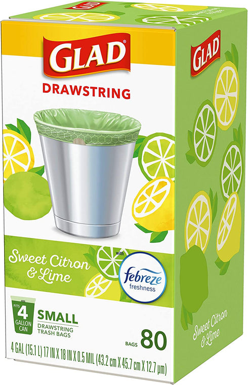Glad Small Kitchen Drawstring Trash Bags 4 Gallon Green Trash Bag Febreze , Sweet Citron & Lime, 80 Count (Package May Vary)