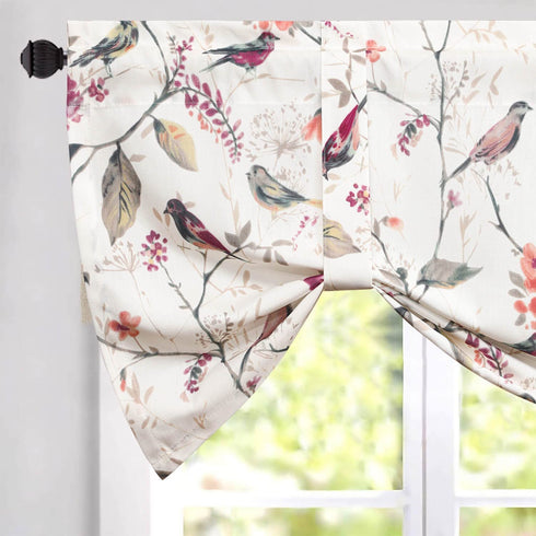 VOGOL Decorative Tie Up Curtains for Nursery Girls Room, Pink Birds and Floral Print Small Window Curtain Valance Top Pocket Tie Up Shades 18 Inch Long, One Panel