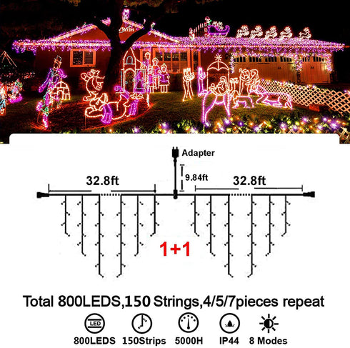 Hezbjiti Halloween Orange & Purple Lights Outdoor Decorations, 800 LED 65.6 FT 8 Modes 150 Drops Fairy String Curtain Lights for Halloween Decor Eaves Window Party Yard Garden Indoor