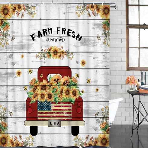 ZOE GARDEN Shower Curtain Set with Hook 36" x 78", Farm Sunflower Red Truck and Bees Retro Wood Board | Bathroom Decor Waterproof Polyester Fabric Bathroom Accessories Bath Curtain