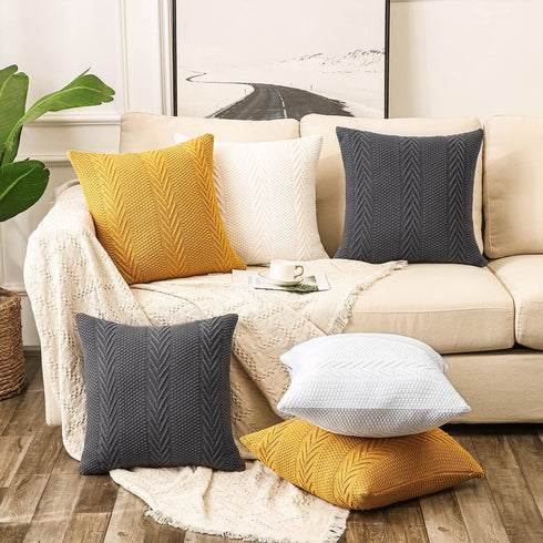 LiBcmlian Yellow Throw Pillow Covers 18x18 Set of 2 Cotton Pillow Cushion Cases Cable Knit Decoration Square Pillowcases for Couch Sofa Bedroom Living Room Car