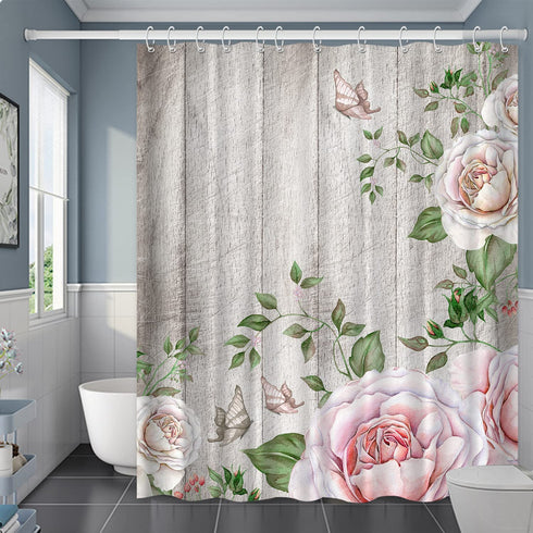 Rustic Floral Shower Curtain Watercolor Pink Rose Butterfly Bath Curtain Farmhouse Wooden Plank Country Fabric Bathroom Shower Curtain