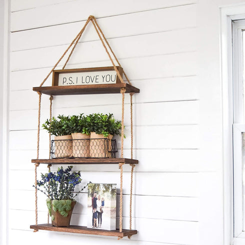 Boho Wall Hanging Shelf - Wood Hanging Shelves for Wall - Farmhouse Rope Shelves for Bedroom Living Room Bathroom - Rustic Wood Shelves - Hanging Plant Shelf - Triangle Floating Shelf (Triangle Mount)