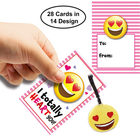 JOYIN 28 Pack Valentines Day Gifts Cards for kids, Valentine's Greeting Cards with Emoji Plush Key-chain Valentine Classroom Exchange Gifts Party Favors