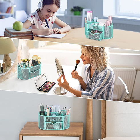 Aqua Pen Holder Organizer, Cute Office Supplies Pen and Marker Organization Essentials Desk Caddy with Drawer for Home & Office Desktop & Decor& Kitchen