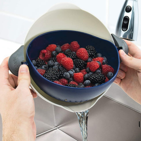 Tovolo Soak N' Strain Colander, Easy-Pour Spout 1.5 Quart Food Strainer, 2-in-1 Strainer & Soaking Bowl, Fruit Bowl & Vegetable Wash, BPA-Free & Dishwasher-Safe, Deep Indigo