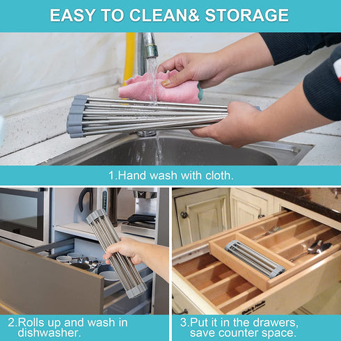 SPLF Adjustable Roll Up Dish Drying Rack, Collapsible Over The Sink Dish Drying Rack Kitchen Rolling Dish Drainer, Portable Silicone and Stainless Steel Rolling Rack for Kitchen Sink Counter