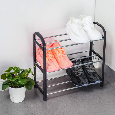NiHome Shoe Rack Organizer Multipurpose 3-Tier Small Size Vertical Footwear Display Shelf Compact Sturdy Metal Frame Lightweight 6 Pairs for Closet Hallway Entryway Living Room Bedroom Attom (Black)