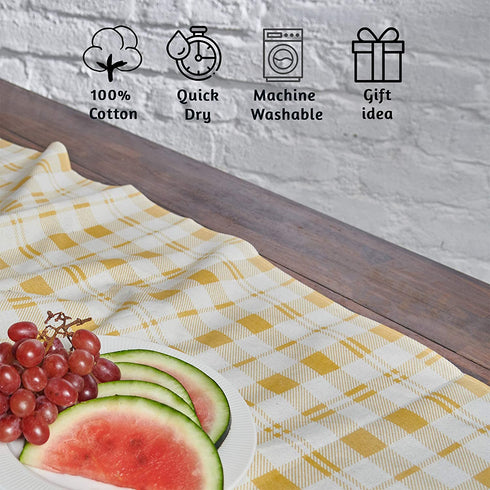 Folkulture Gingham Table Runner with Tassels for Home Dining Table, Farmhouse Style D©cor or Kitchen, 100% Cotton Linen Yellow Sand Boho Table Runner, 14 x 108 inch Long