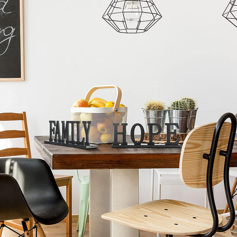 4 Pieces Love Faith Hope Family Wood Word Sign Black Wooden Cutout Letter Table Sign Rustic Letter Tabletop Decorations Freestanding Wood Sign for Home Room Fireplace Table Centerpiece Decoration