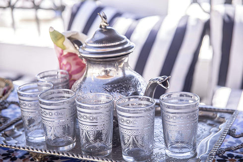 Nomad Treasure's Glass Coffee Set, (6 PACK) 6 Ounces made by hand. Hot/Cold Beverages, Thermal Shock Resistant, Cup for Cappuccino, Latte, Espresso, Wine and Juice, Moroccan tea glasses - Silver