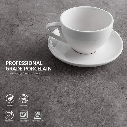 Sweese 403.001 Porcelain Cappuccino Cups with Saucers - 6 Ounce for Specialty Coffee Drinks, Latte, Cafe Mocha and Tea - Set of 6, White