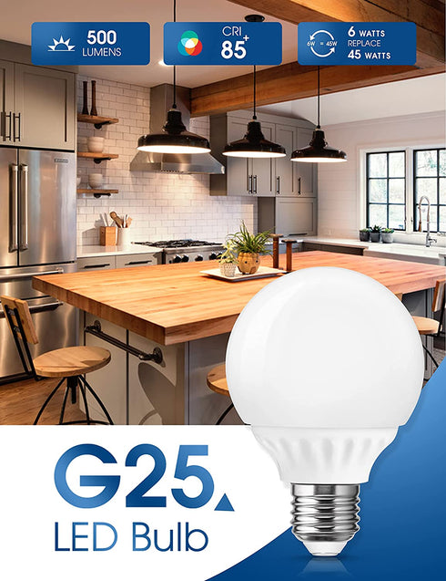 LOHAS G25 LED Bulb Vanity Light Globe Bulbs, 40W-50W Equivalent LED Makeup Mirror Lights, Soft White 3000k 6W LED 500Lm Brightness E26 Medium Base Bulb, Non-Dimmable G25 Globe Lighting for Home, 6Pack
