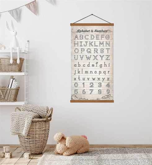 Alphabet Numbers Chart Poster Canvas Prints Print Kids Bedroom Sign Educational Painting Wall Art Decor With Wood Hanger Frame For Nurseries Kid's Rooms 16x27inch