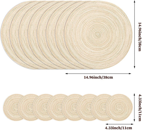16 PCS Round Placemats and Coasters Set Braided Heat-Resistant Non-Slip Waterproof Durable Indoor Outdoor Coffee Kitchen Table Mats for Dining Tables(Beige,8 Placemats and 8 Coasters)