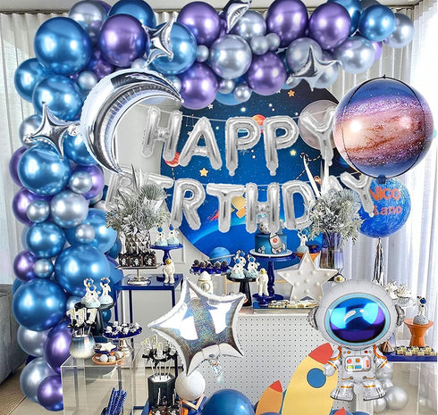 Winrayk 109PCS Outer Space Birthday Party Decoration Metallic Balloon Garland Arch Kit with Happy Birthday Galaxy Rocket Astronaut Moon Star Foil Balloons for Boy Kid Birthday Party Decoration Supply